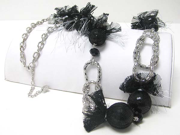 Metal tube chain and mesh wrapped glass ball link long necklace earring set