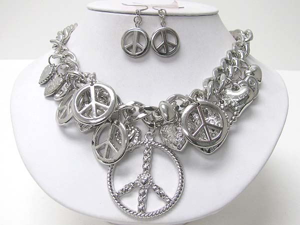 Multi peace theme charm dangle necklace earring set