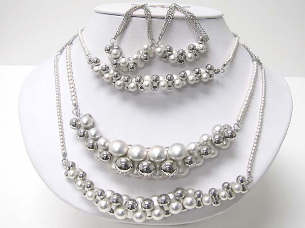 Triple level metal ball cluster necklace earring set