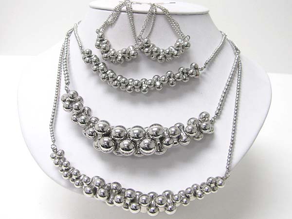 Triple level metal ball cluster necklace earring set