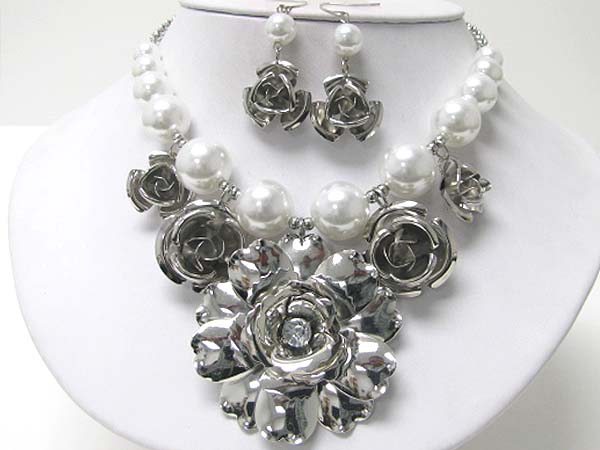 Metal flower and pearl ball necklace earring set