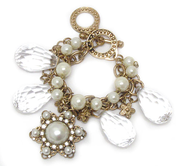 Crystal and pearl deco flower dangle bracelet