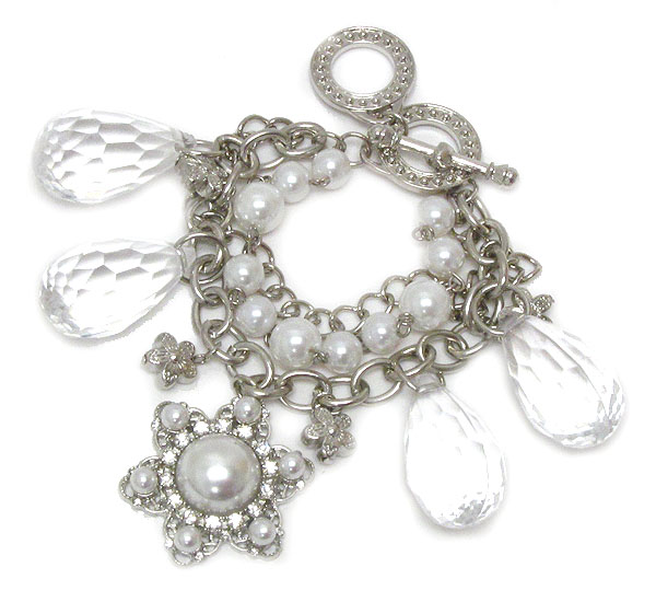 Crystal and pearl deco flower dangle bracelet