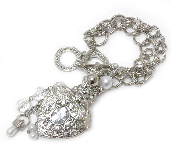 Crystal and facet glass deco metal filigree heart dangle bracelet