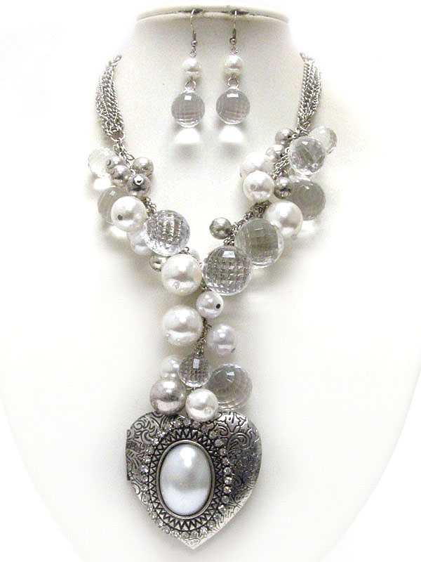 Crystal and pearl deco heart locket pendant and pearl chain necklace earring set