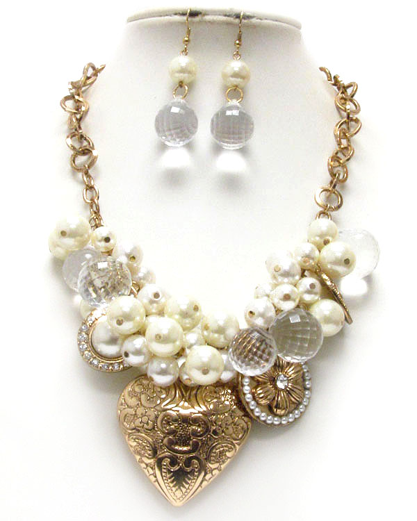 Crystal and multi pearl deco heart locket pendant necklace earring set