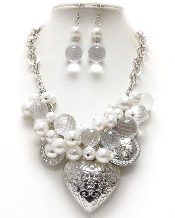 Crystal and multi pearl deco heart locket pendant necklace earring set