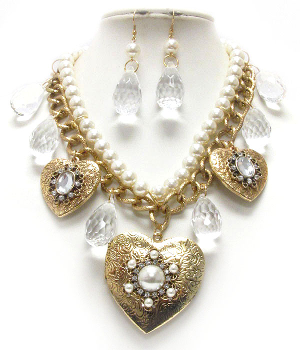 Crystal and multi pearl deco heart locket pendant necklace earring set