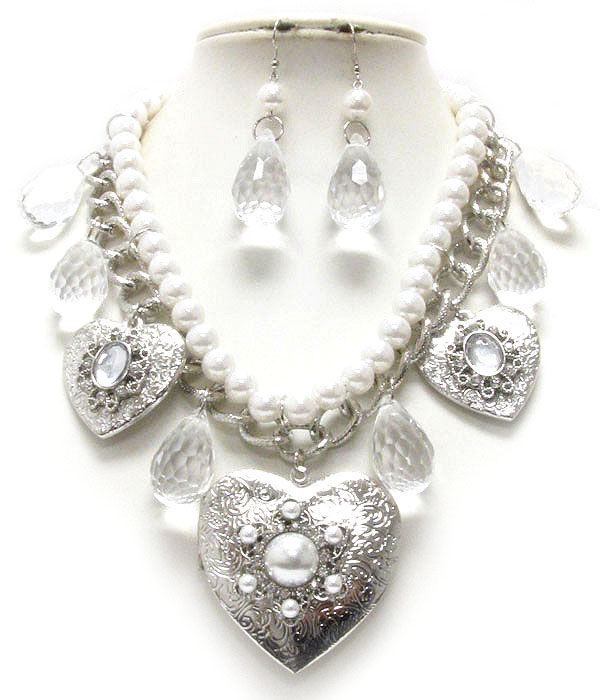 Crystal and multi pearl deco heart locket pendant necklace earring set