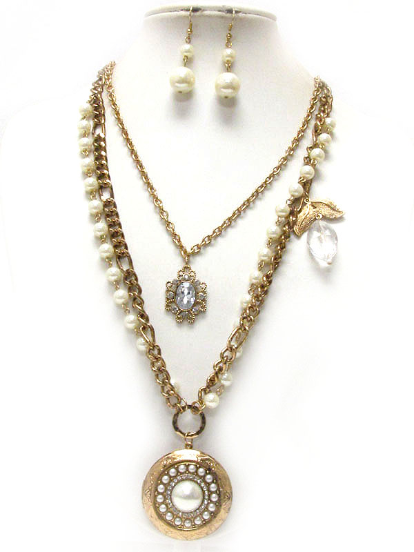 Crystal and pearl deco disk pendant double chain necklace earring set