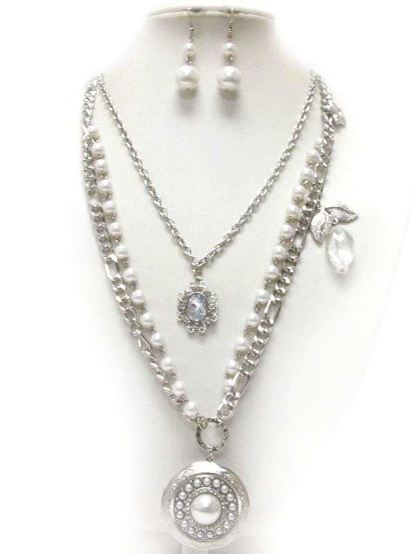 Crystal and pearl deco disk pendant double chain necklace earring set