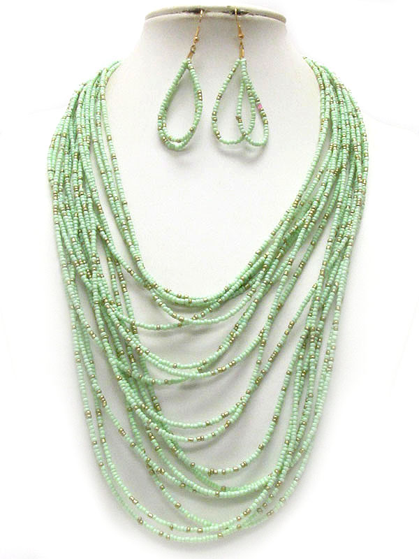 Multi seed bead link multi layered necklace earring set