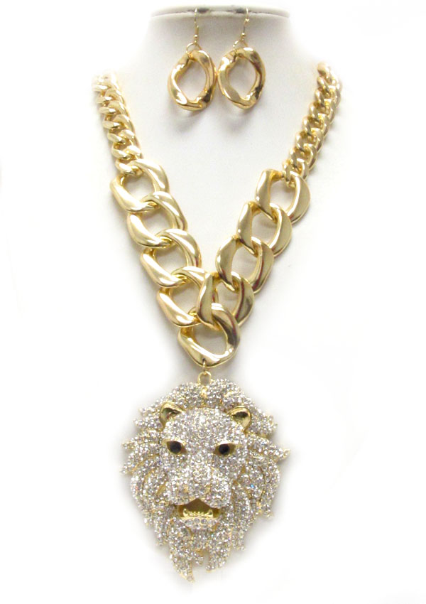 Crystal pave large lion head pendant and thick chain rihanna style necklace earring set