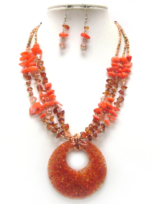 Decorate resin disk and chip stone multi chain necklace earring set