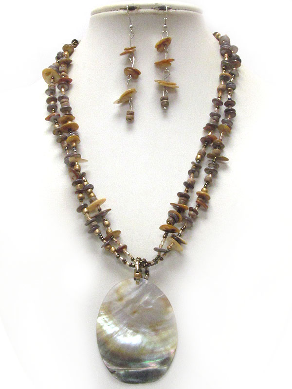 Natural shell oval pendant and multi chip stone double chain necklace earring set