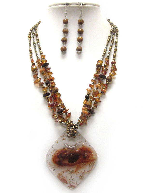 Decorate resin pendant and chip stone multi chain necklace earring set