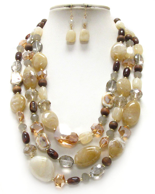 Semi precious stone triple layered necklace earring set