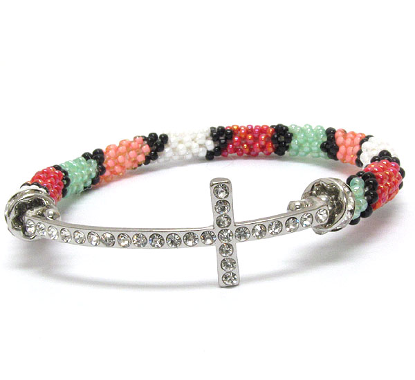 Crystal cross and hand crocheted multi ethnic seed beads nepal style stretch bracelet