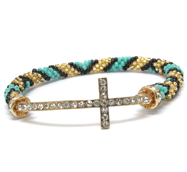 Crystal cross and hand crocheted multi ethnic seed beads nepal style stretch bracelet