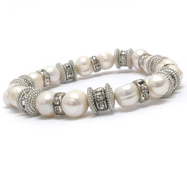 Multi crystal rondelle and freshwater pearl stretch bracelet