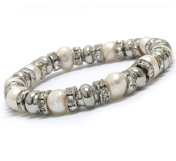 Multi crystal rondelle and freshwater pearl stretch bracelet