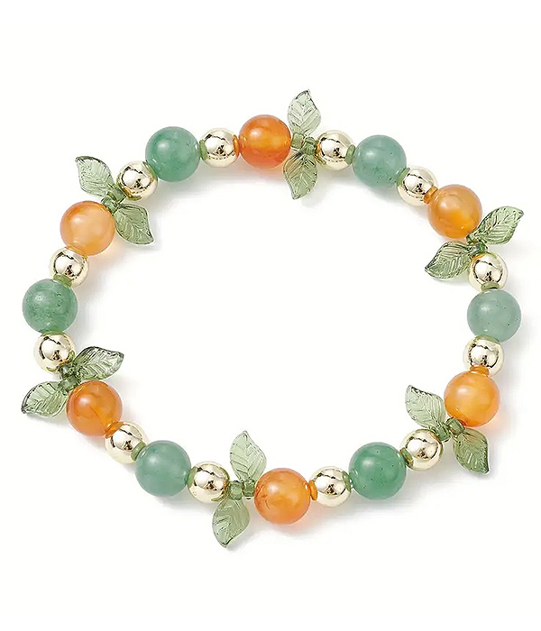 Mix ball bead and leaf stretch bracelet