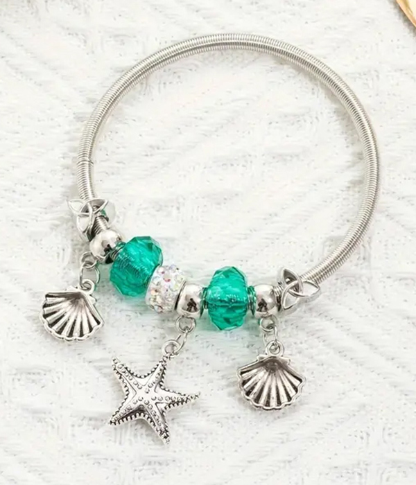 Euro style mix bead and sealife theme charm bangle bracelet - starfish shell