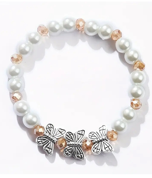 Multi pearl and butterfly stretch bracelet