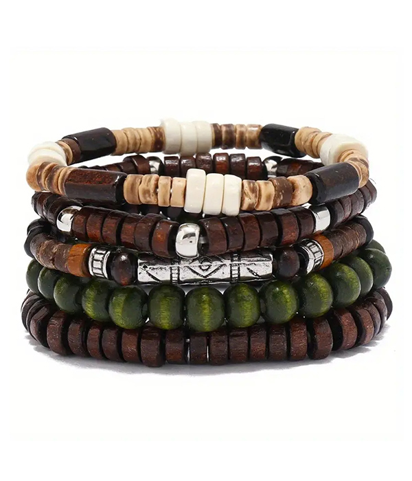 5 piece mix wood and coconut shell bead stackable stretch bracelet set
