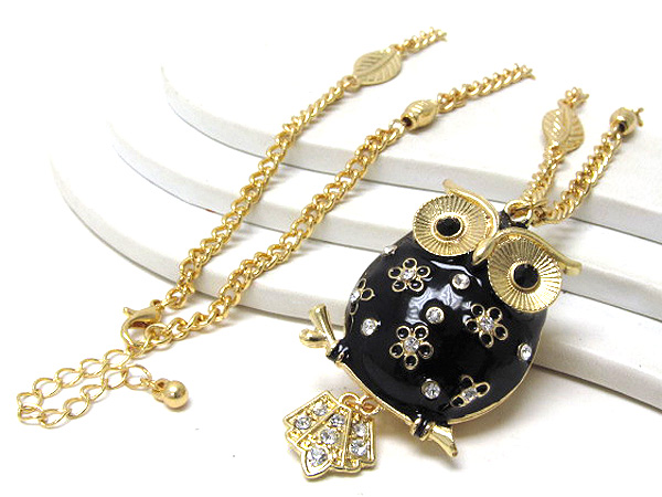 Crystal eyes epoxy body with crystal flowers owl long chain necklace