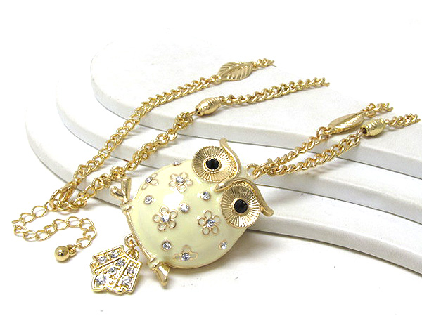 Crystal eyes epoxy body with crystal flowers owl long chain necklace