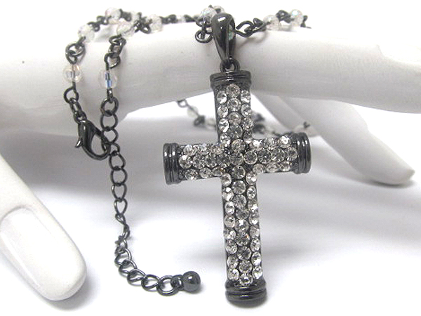 Crystal metal cross and beads chain necklace