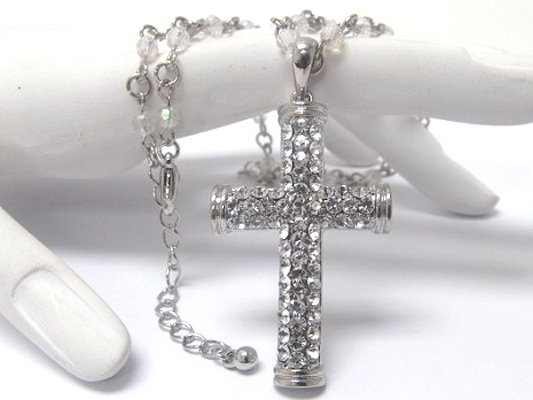 Crystal metal cross and beads chain necklace