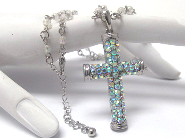 Crystal metal cross and beads chain necklace