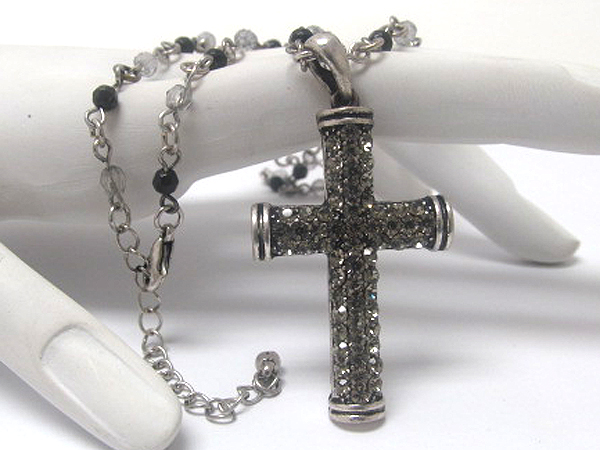 Crystal metal cross and beads chain necklace