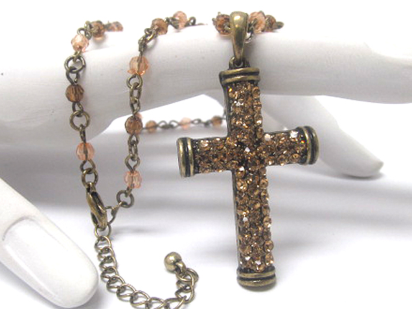 Crystal metal cross and beads chain necklace