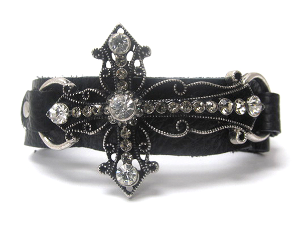 Multi crystal stud cross and leatherette button bracelet