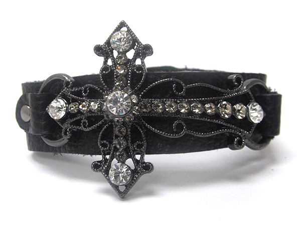 Multi crystal stud cross and leatherette button bracelet