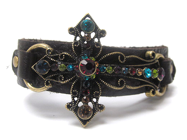 Multi crystal stud cross and leatherette button bracelet