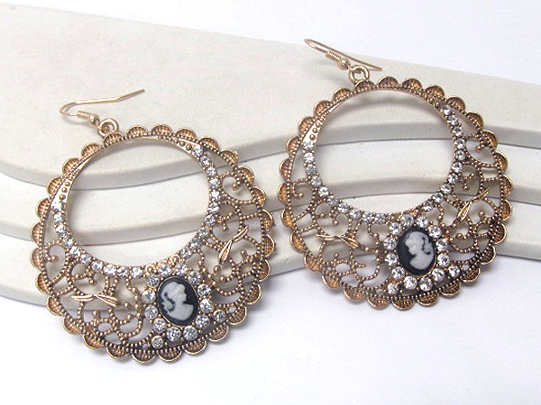 Crystal and metal filigree cameo hoop earrings - hoops