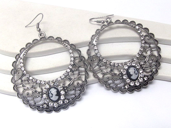 Crystal and metal filigree cameo hoop earrings - hoops