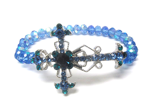 Crystal cross and beads stretch bracelet