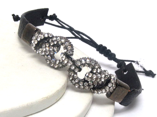 Crystal deco belt shape metal and leather wrist band