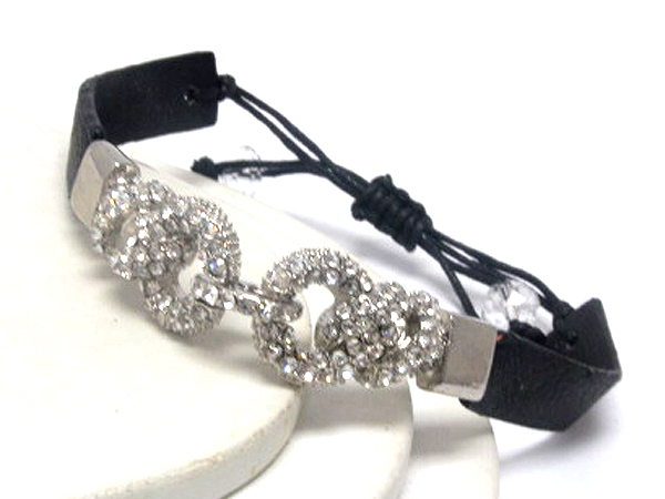 Crystal deco belt shape metal and leather wrist band