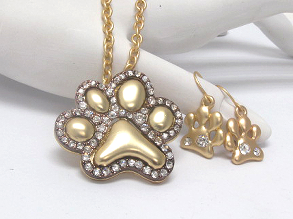 Crystal puffy paw chain necklace earring set