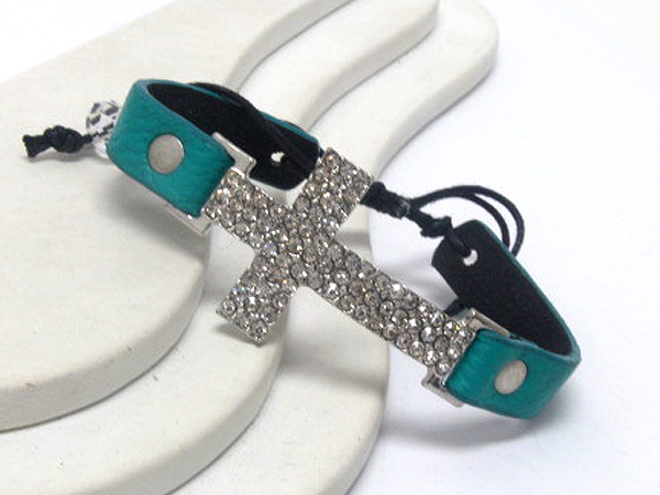 Synthetic leather and crystal metal cross yarn bracelet