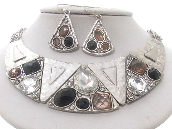 Crystal tear drop hammered texture metal triangle drop chain necklace earring set