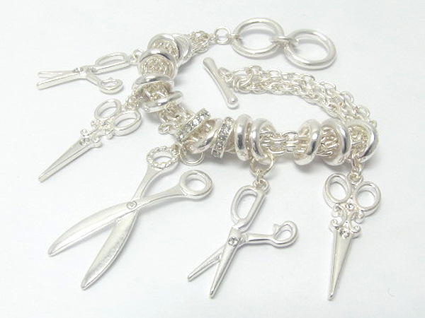 Crystal multi scissors and crystal rings theme charm chain dangle bracelet