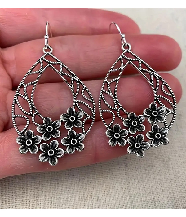 Antique silver flower teardrop earring