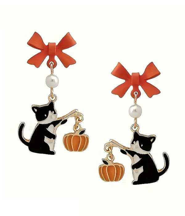 Halloween theme black cat and pumpkin drop earring
